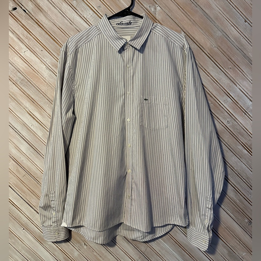 Lacoste Men's White Shirt Gray Pinstripes Spot Stains Embroidered Logo